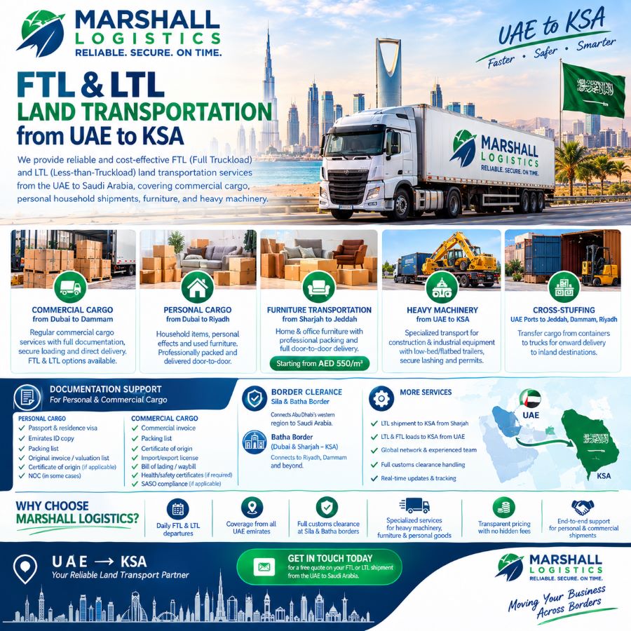 FTL & LTL Land Transportation from UAE to KSA
